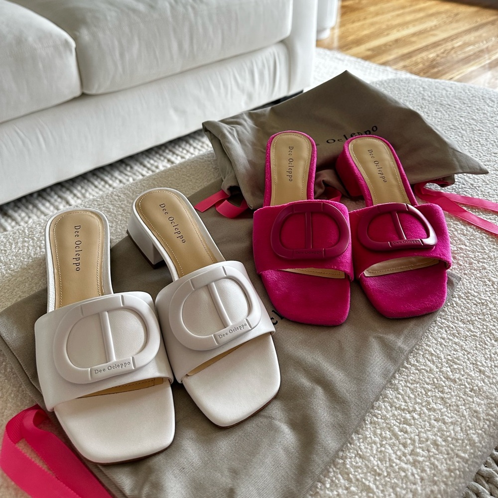 Dee Ocleppo pink suede dizzy mules.